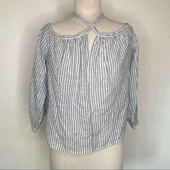 Lucky Brand Off Shoulder Strappy Tie Top Blue White Stripe Boho Medium Crop - Picture 4 of 13